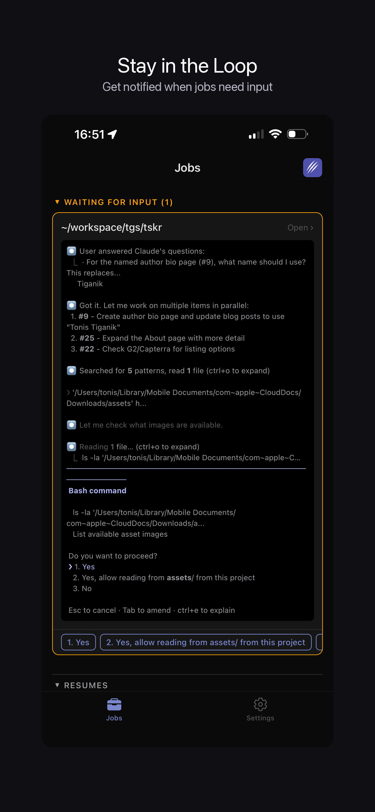 ClawTab iOS - notification card with permission prompt