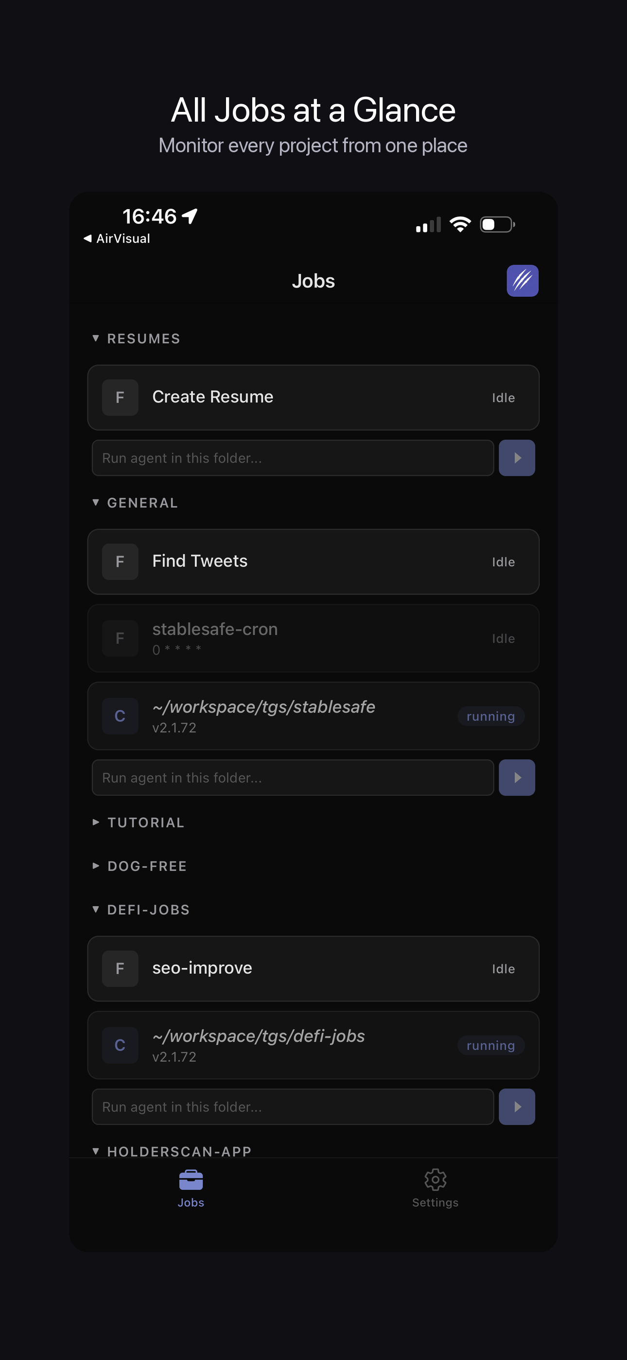 ClawTab iOS - job list overview