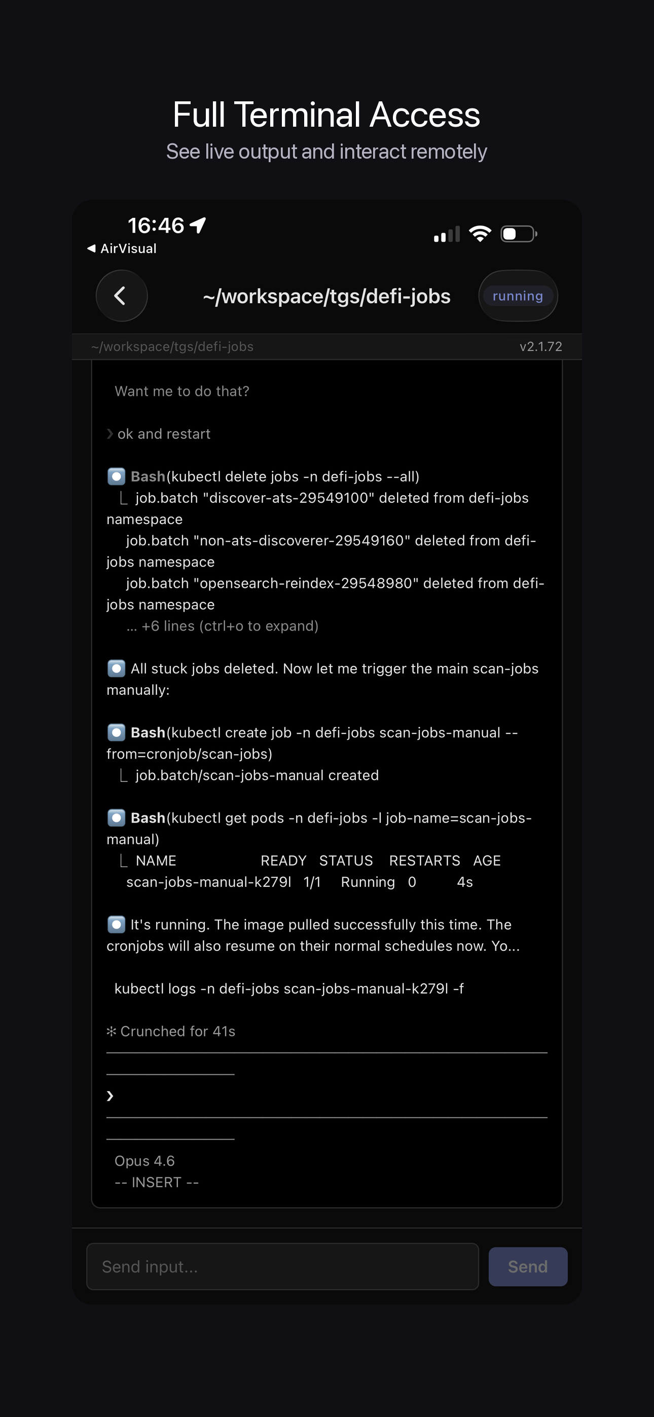 ClawTab iOS - job details with live logs