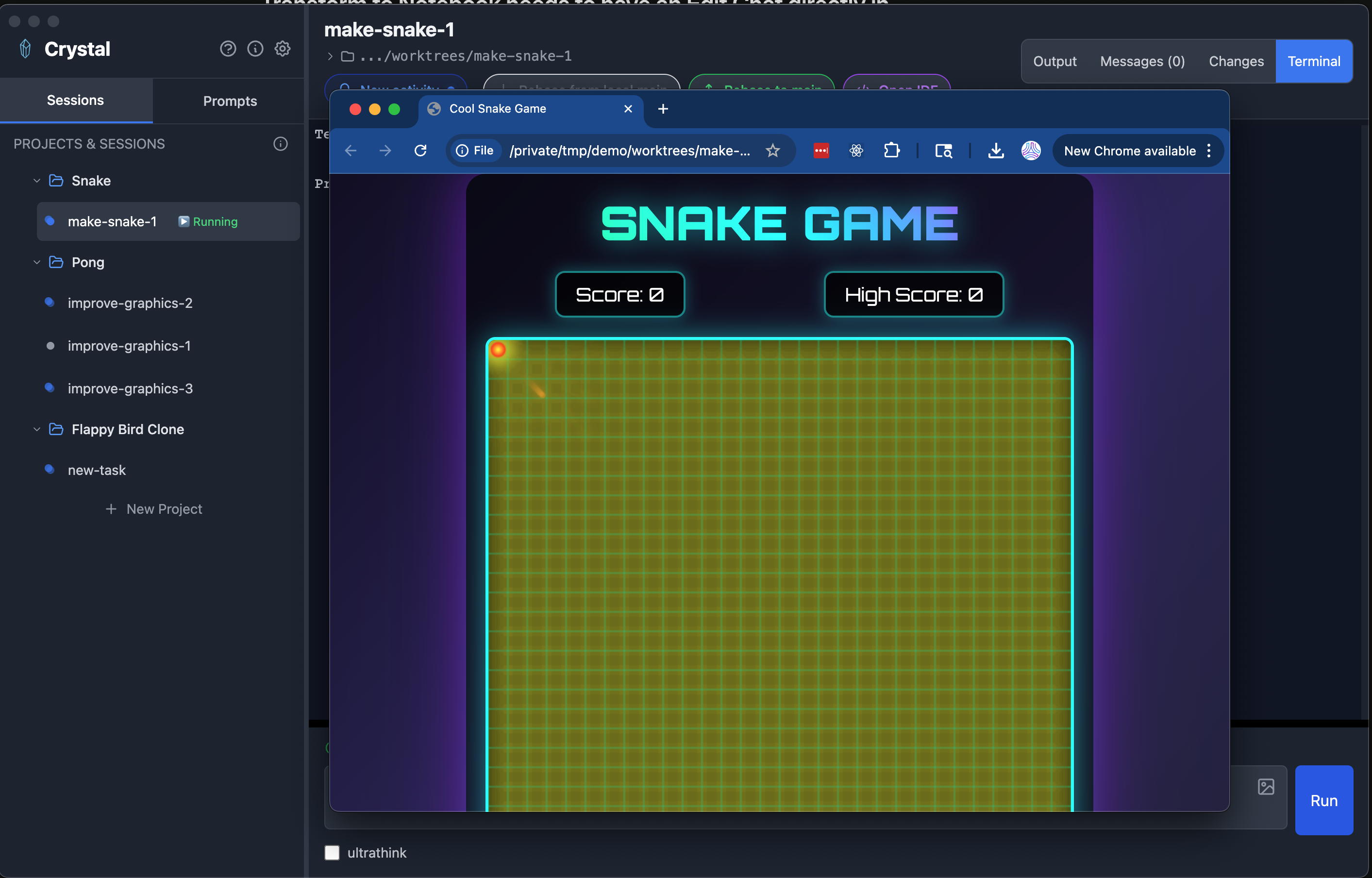 Nimbalyst (formerly Crystal) running multiple parallel Claude Code sessions, each in its own git worktree, with output tabs and a built-in diff viewer