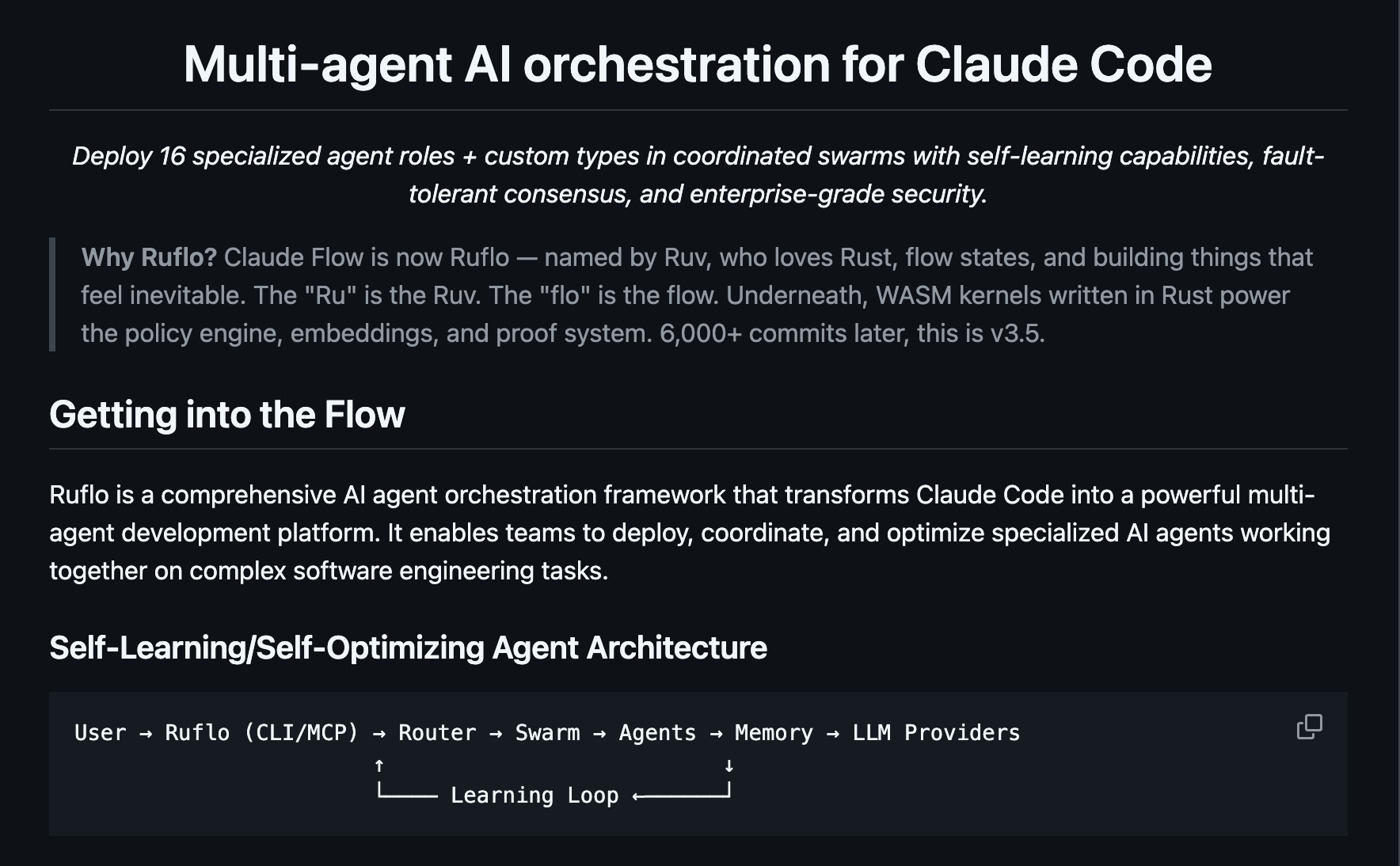 Ruflo (formerly Claude Flow) README showing 16 specialized agent roles, self-learning architecture, and the User → Ruflo CLI/MCP → Router → Swarm → Agents → Memory → LLM Providers flow