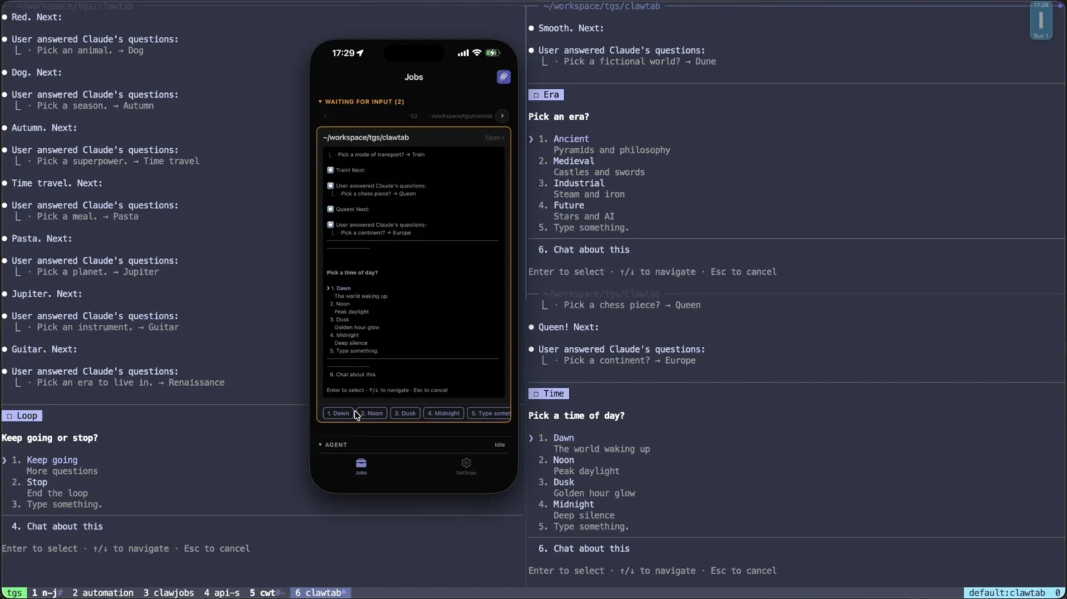 ClawTab phone interface over local tmux panes showing an agent question with selectable answers