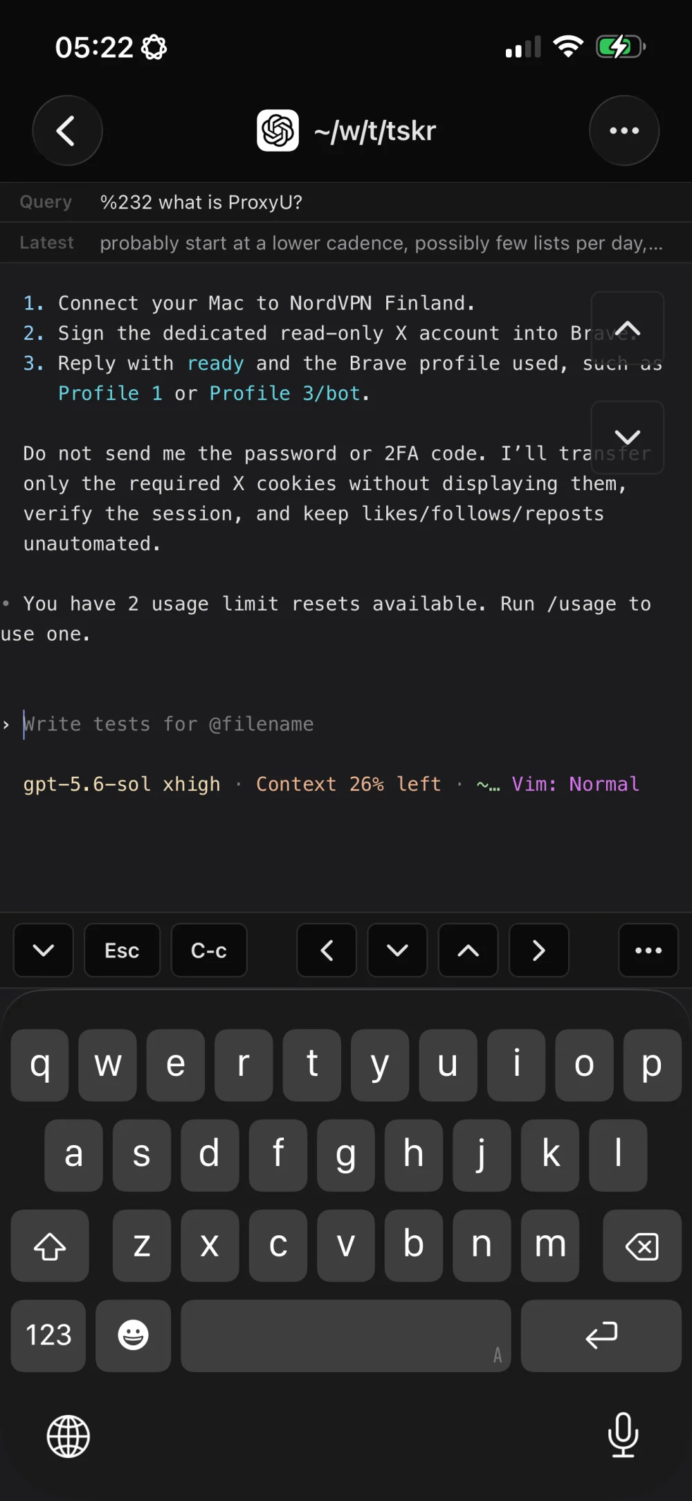 ClawTab iPhone detail view streaming a local Codex CLI terminal with mobile keyboard and control keys