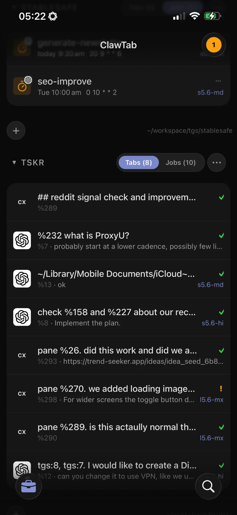 ClawTab iPhone app listing multiple Codex CLI and Codex sessions with pane IDs, models, and live status