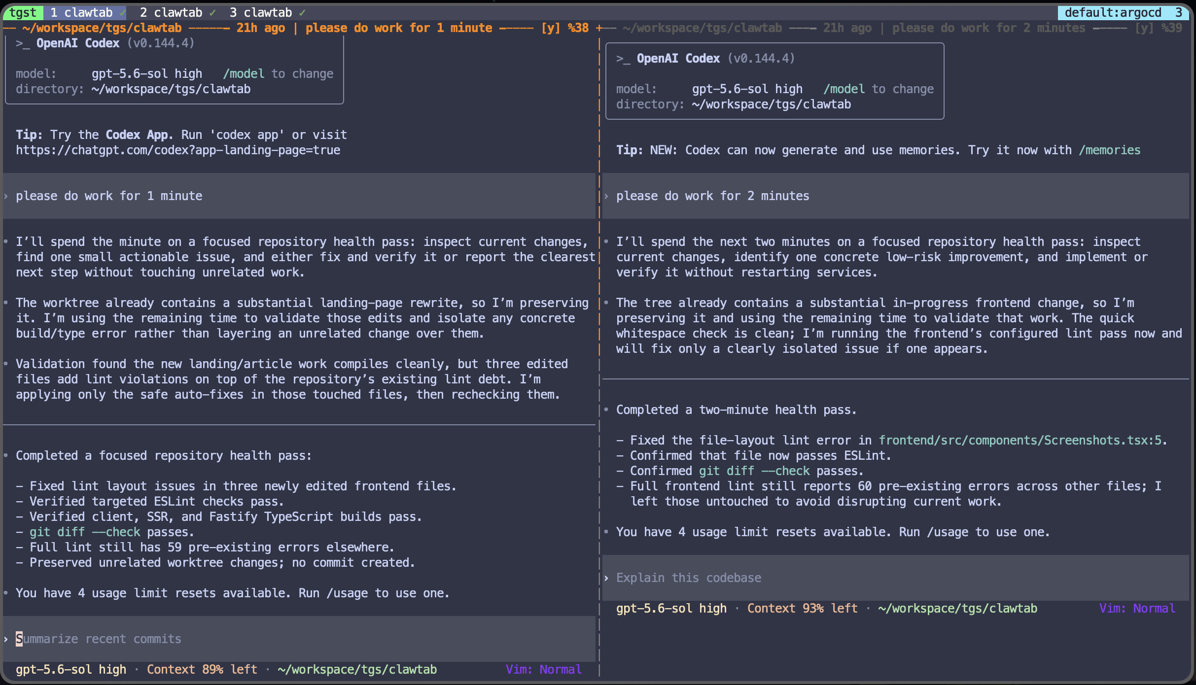 Two Codex agents work side by side in the same tmux window