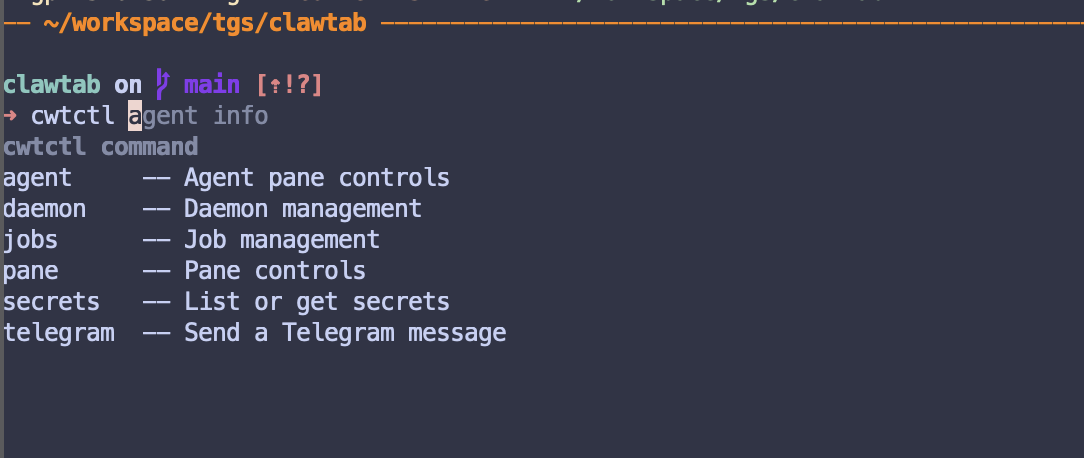 cwtctl manages agents, jobs, panes, secrets, Telegram, and the daemon without opening the GUI