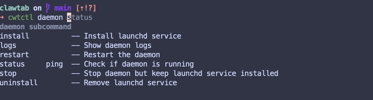 cwtctl daemon commands for installing, checking, restarting, stopping, and inspecting the ClawTab daemon