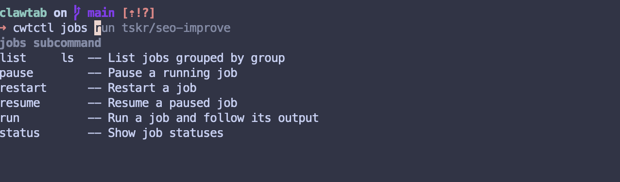 cwtctl jobs commands for listing, running, pausing, restarting, resuming, and checking AI agent jobs