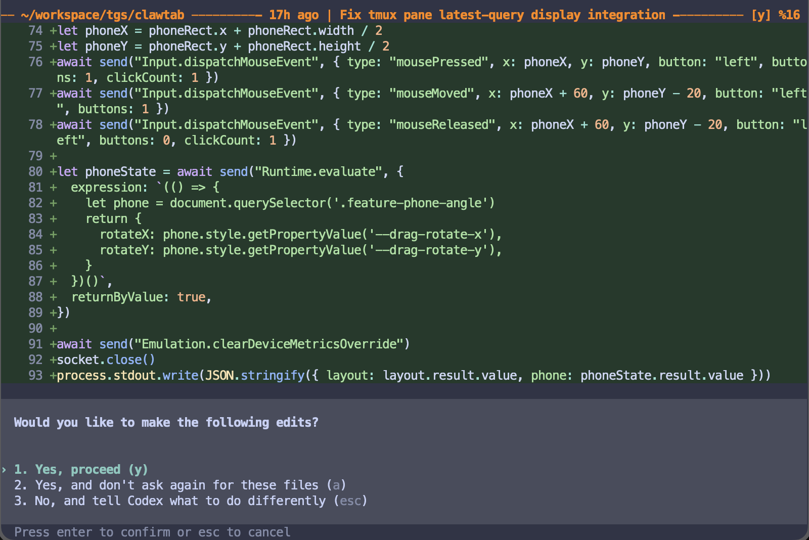 A Codex tmux pane titled Fix tmux pane latest-query display integration