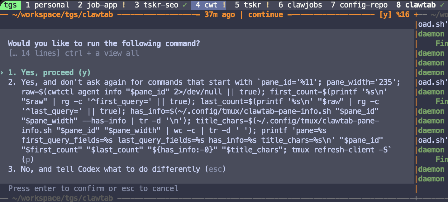 Codex permission prompt in tmux with a ClawTab attention marker in the project status bar