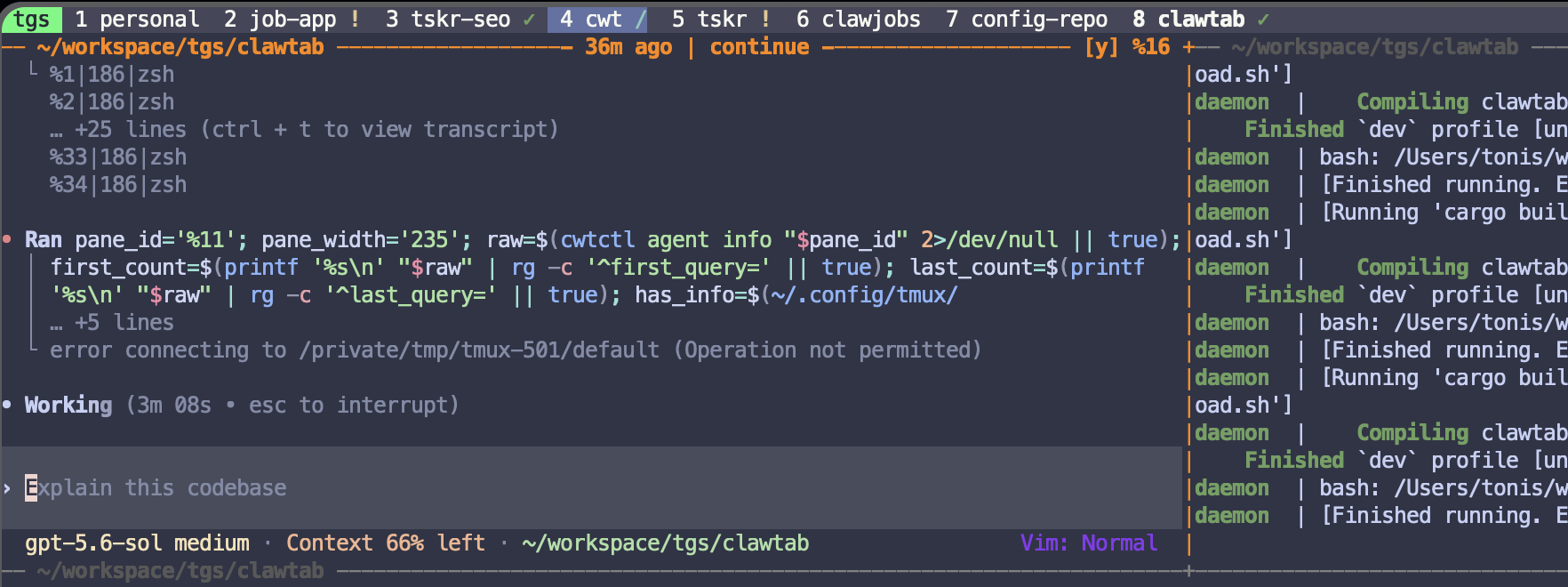tmux status bar showing ClawTab working and idle state across several AI agent project windows