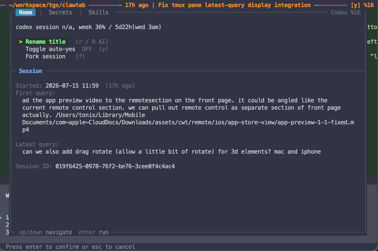 ClawTab tmux popup with rename title, auto-yes, fork session, first query, latest query, and session ID