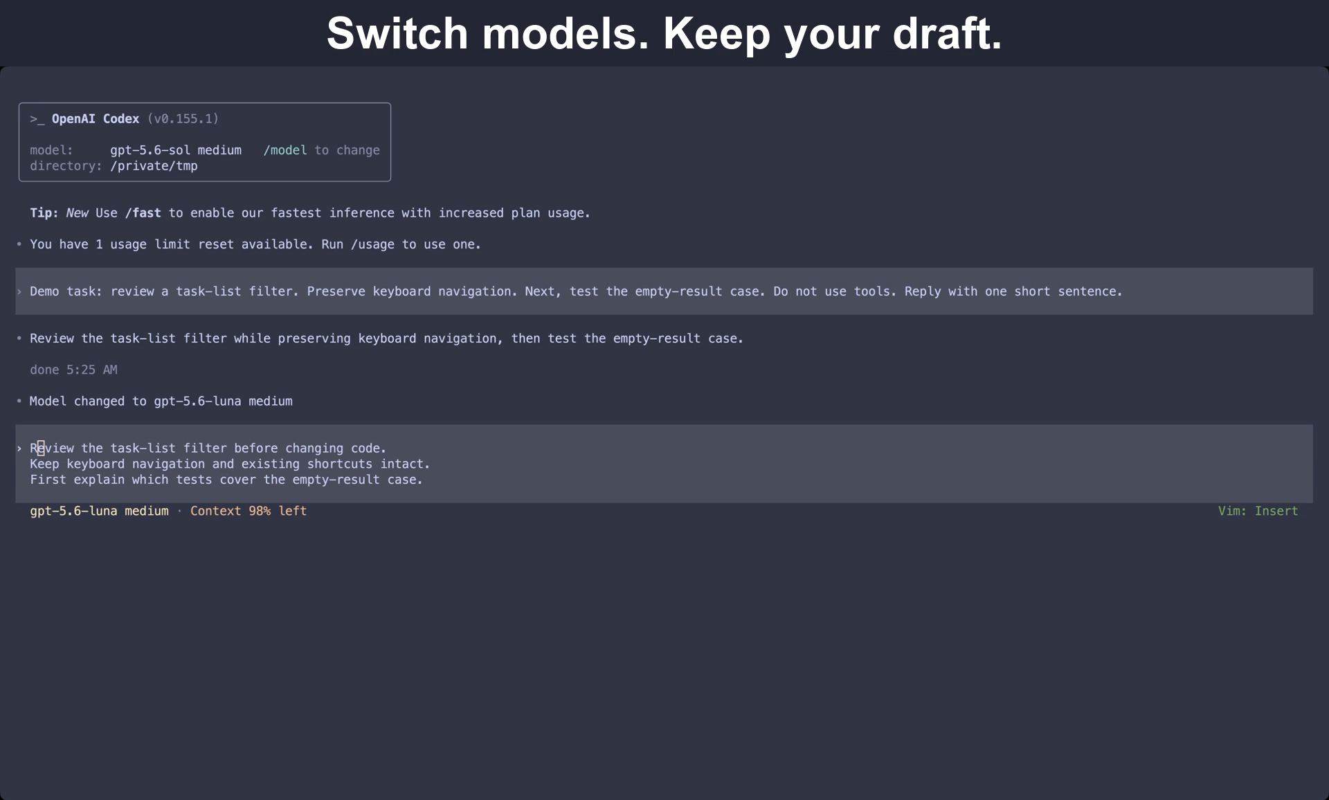 Codex displays Luna at medium effort with all three lines of the unsubmitted sample draft restored in Vim Insert mode
