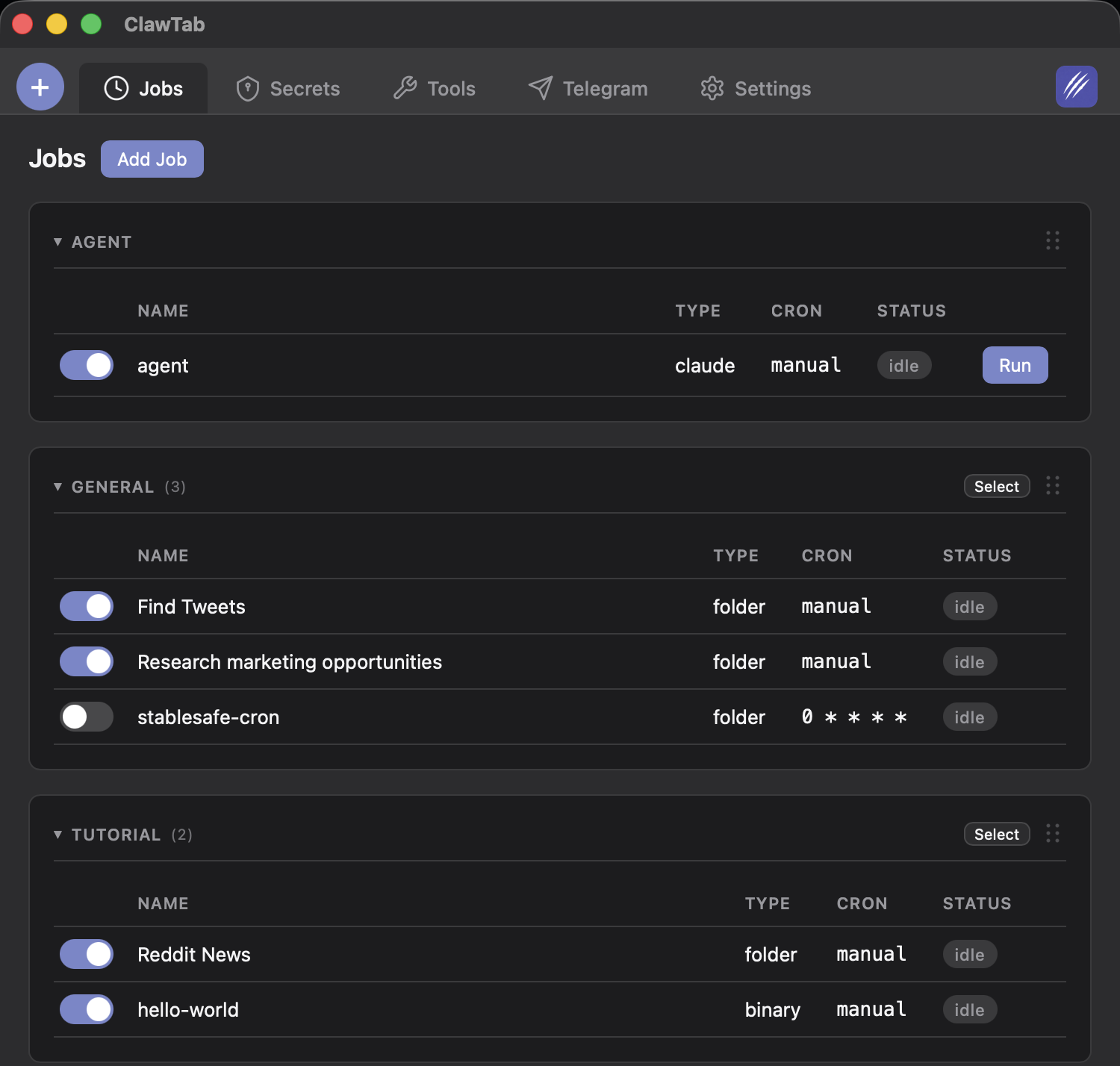 Jobs panel with live output monitoring