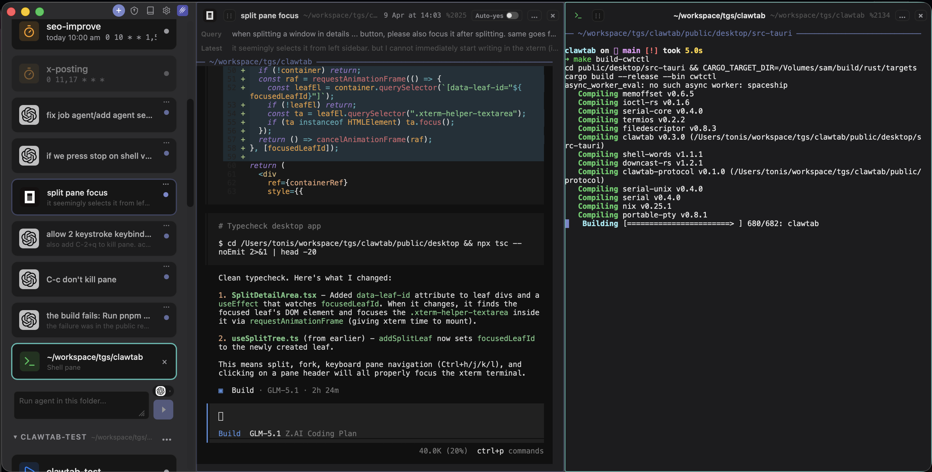 Agent and shell panes side by side with full terminal support