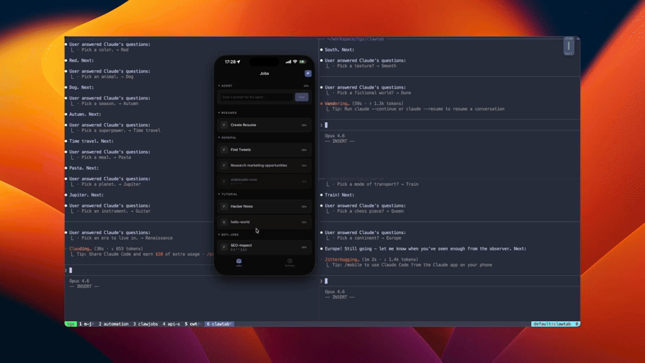 Remote mobile answers sent back to a split tmux session