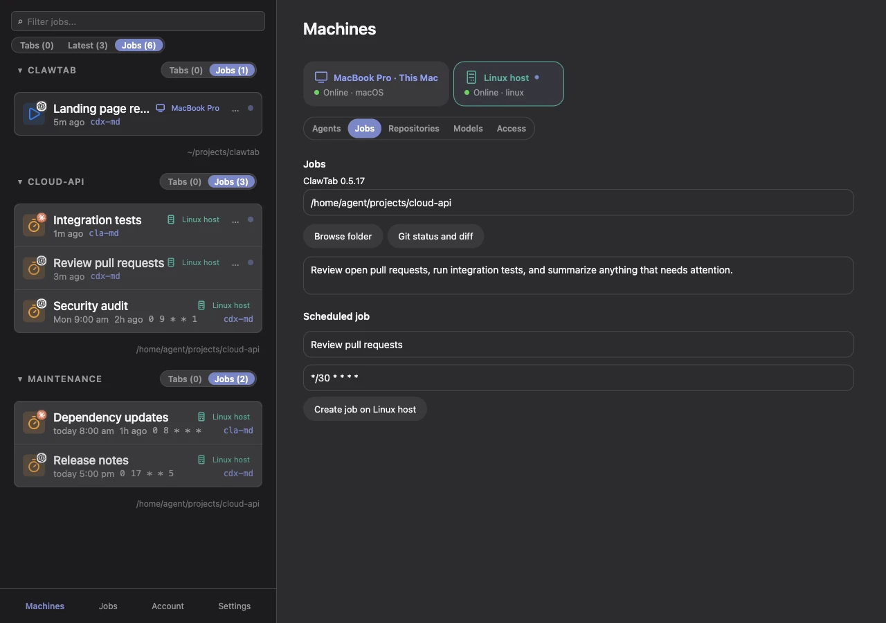 ClawTab in dark mode showing running and scheduled sample jobs on a Linux host alongside a local Mac job