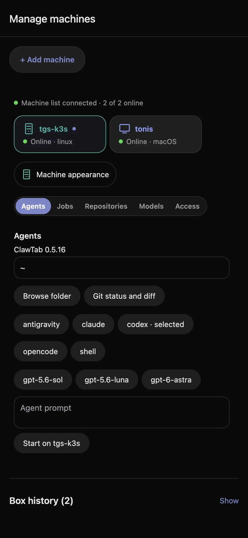 Mobile ClawTab Remote machine picker showing tgs-k3s on Linux and tonis on macOS, both online
